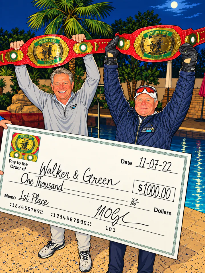 Illustration of the 2022 champions by a pool at night, raising red championship belts over a $1,000 first-place check made out to Walker & Green.