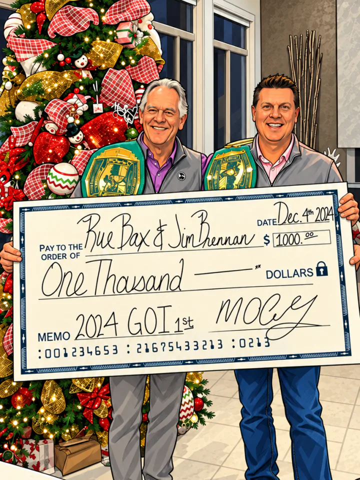 Illustration of the 2024 champions beside a Christmas tree, wearing green championship belts behind a $1,000 first-place check.