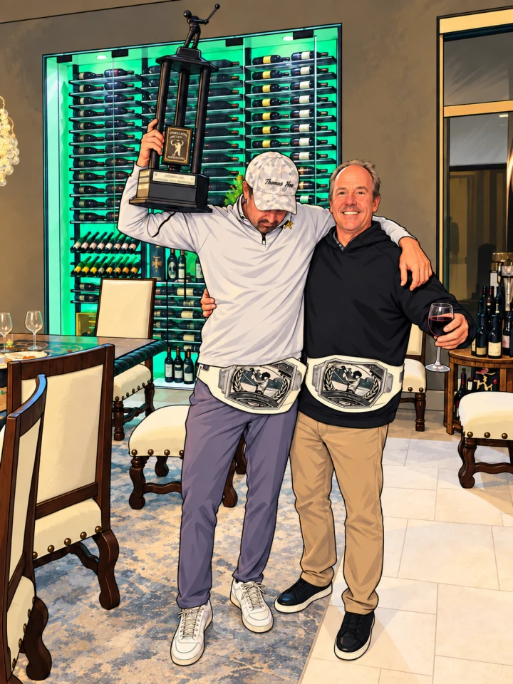 Illustration of the 2025 champions celebrating in a wine room, both wearing white championship belts, one raising the trophy and the other holding a glass of red wine.